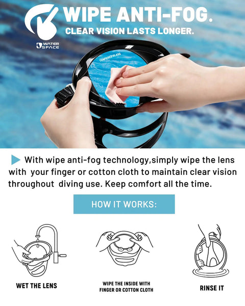 Hands demonstrating wipe anti-fog on Dope Anti Fog 180 Degree View Diving Mask for Adults Teens Women Men With Tempered Glass Lens.