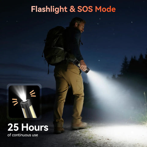 Person using Rechargeable Camping Light With Stand Cordless Work Light With Three Led Heads And 5500 Lumens Dimmable Brightness 15000mAh Battery for up to 25 hours runtime detachable 86 inch tripod emergency outdoor flashlight for camping at night