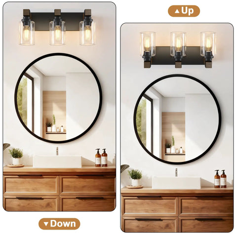 Give Your Mirror Space A Major Glow Up With This Three Bulb Bathroom Vanity Light In Matte Black And Raw Wood Grain Secured By Rock Solid Steel Mounts For Straight Up Rustic Charm displayed above a circular mirror.