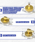 Gold adapters for F109 Automatic Brake Bleeder Kit With Electric Brake Fluid Exchanger shown with compatibility labels for various car brands.