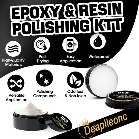 Pro Grade Epoxy Resin Polishing Kit with high-quality materials in black containers, shown open with white polishing compound.