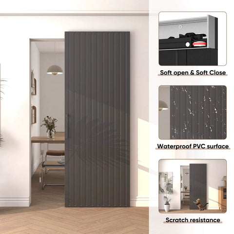 Concealed Sliding Barn Door With Slick Soft Close Hardware Kit Black Hidden Door for interior use 32x86 inches shown in living room.