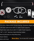 Components of TSAP780 Ramp Door Spring Kit for 7 Foot Wide Cargo Trailers, 80 Pound Torsion Spring Repair Assembly With Cables And Drums.