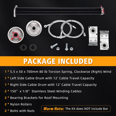 Components of TSAP780 Ramp Door Spring Kit for 7 Foot Wide Cargo Trailers, 80 Pound Torsion Spring Repair Assembly With Cables And Drums.