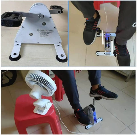 Portable 100W Pedal Generator in use, powering a fan, showing pedal operation and compact design for versatile use.
