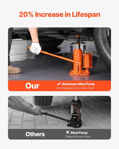 Beefy Air Hydraulic Bottle Jack Two In One Pneumatic And Hydraulic 12 Ton Lift Range 10.43 To 19.88 Inches in use under vehicle