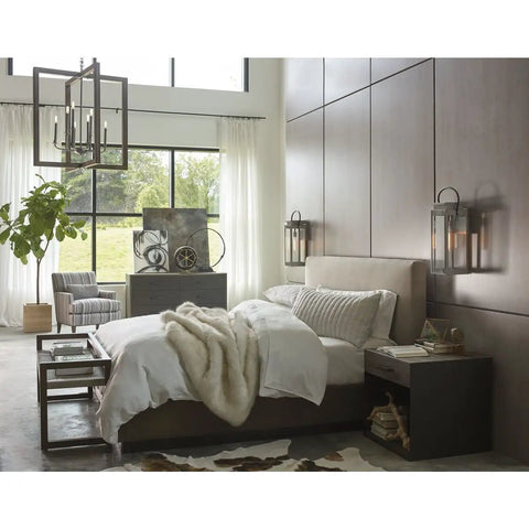 Modern bedroom interior with wall lanterns similar to Union Square Collection 1-Light Outdoor Wall Lantern Stainless Steel Finish.