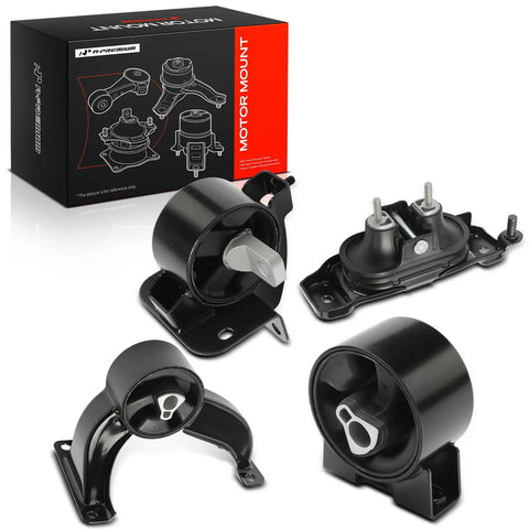 Heavy Duty Engine Motor Mount And Transmission Mount Kit Set Of 4 For Chrysler Town And Country Dodge Grand Caravan Volkswagen Routan V6 3.3L 3.8L 4.0L 2008 To 2010 assembly of motor mounts in black finish on display.