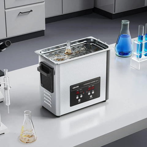6L Stainless Steel Ultrasonic Cleaner With Digital Display And Cleaning Basket Kicks Grime Off Jewelry Watches And Tools Using Smooth 40 khz Waves to clean beakers and laboratory glassware.