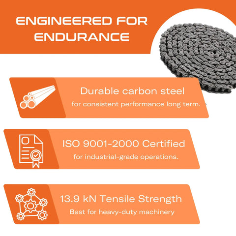 Heavy Duty 40 Roller Chain Kit For Power Transmission showing ISO 9001 certification, carbon steel material, 13.9kN tensile strength