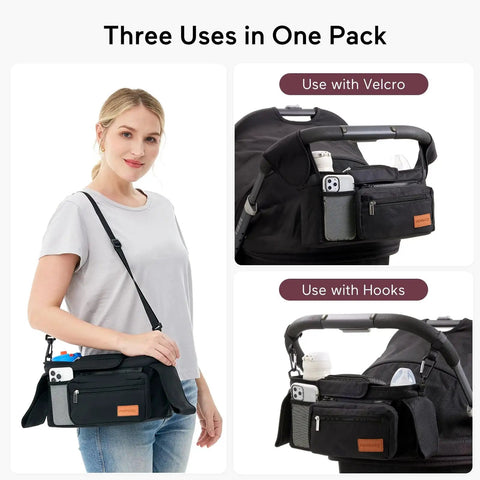 Woman using Universal Stroller Organizer With Insulated Cup Holders Detachable Phone Bag And Shoulder Strap Must Have Large Capacity Fits Uppababy Baby Jogger Britax BOB Umbrella And Pet Strollers