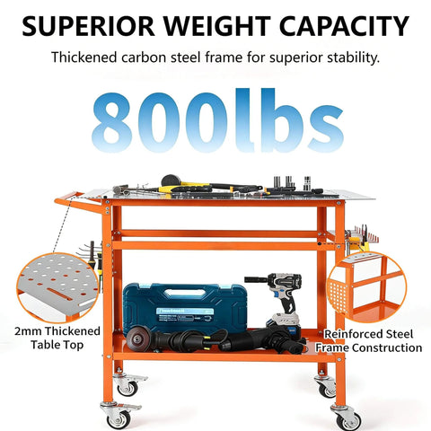 Rugged 36 Inch By 24 Inch Welding Table With 800 Pound Capacity Portable Welding Workbench On Wheels showing tools on surface.