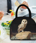 Owl Desert Landscape Insulated Lunch Bag For Women And Men on office desk with salad and apple, durable 300D exterior