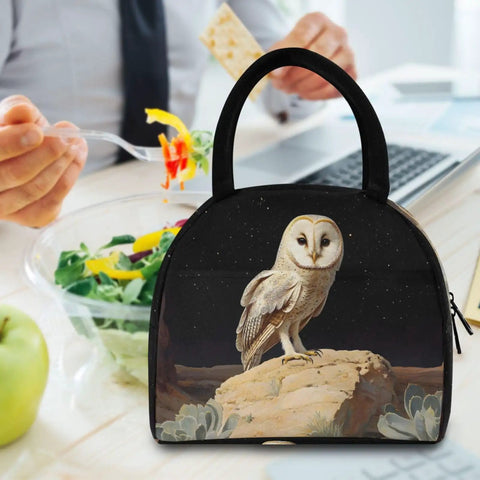 Owl Desert Landscape Insulated Lunch Bag For Women And Men on office desk with salad and apple, durable 300D exterior