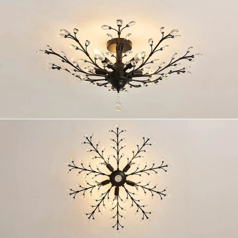 Vintage Crystal Chandelier Five Light Semi Flush Mount Ceiling Light in Black, top and side view, with E12 Bulb Base