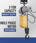 Electric Chain Hoist 2-Ton Load Capacity With 9.84 Ft Lift, 110V Single-Phase Motor, image showcasing motor and chain bag.