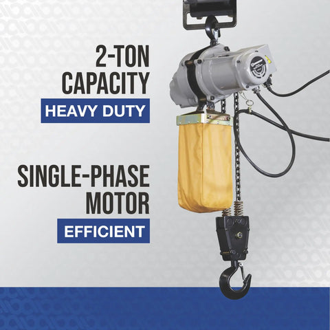 Electric Chain Hoist 2-Ton Load Capacity With 9.84 Ft Lift, 110V Single-Phase Motor, image showcasing motor and chain bag.