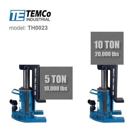 Heavy Duty Toe Jack Hydraulic Floor Lift For Containers And Machinery, 5 To 10 Ton Capacity, Ultra Low 0.875 Inch Clearance, Machined Cylinder Housing, Overtravel Protection, Model TH0023 shown lifting weights.