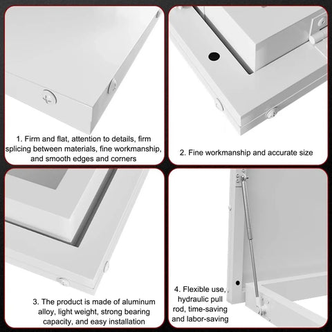 Heavy Duty Roof Access Hatch With Hasp Lock Weatherproof Aluminum Skylight Cover For Attic Or Warehouse Ceilings Outdoor Maintenance Access Door 60x60 CM Waterproof Rustproof Easy Lock And Secure Design, aluminum hatch corner detail