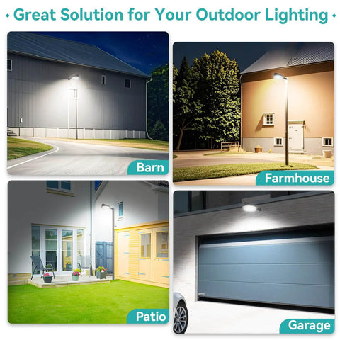 Dusk To Dawn Outdoor Wall Pack Light With Photocell Sensor, illuminated barn, farmhouse, patio, and garage at night