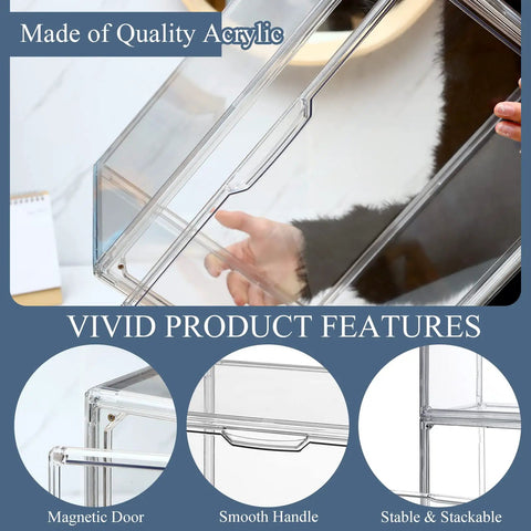 Close-up of Six Pack Large Clear Acrylic Display Cases With Magnetic Front Door showing magnetic feature and smooth handle.