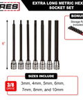 Extra Long Metric Hex Bit Socket Set with S2 Bits, 6-inch length, 3/8 inch drive, heat-treated chrome vanadium, with storage rail.