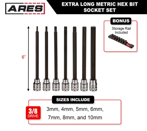 Extra Long Metric Hex Bit Socket Set with S2 Bits, 6-inch length, 3/8 inch drive, heat-treated chrome vanadium, with storage rail.