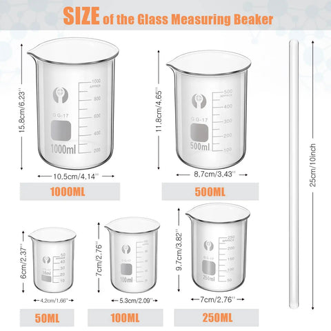 Thick Borosilicate Glass Beaker Set With Graduated Cylinders And Stirring Rods For Science Lab Gear sizes 50 to 1000 ml
