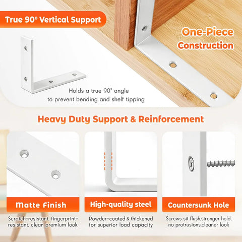10 Inch Heavy Duty White Shelf Brackets showing L corner bracket with high-quality steel and countersunk holes for secure mounting.