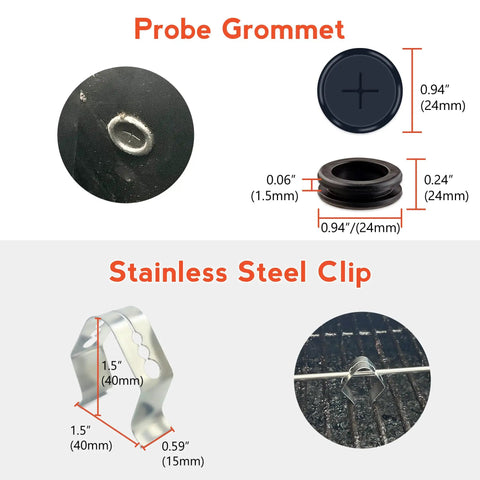 Probe grommet and stainless steel clip for 2 Pack Meat Temperature Probes Replacement For Pellet Grills With 3.5mm Plug PT1000
