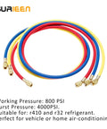 SURIEEN R410A refrigerant charging hoses, 60-inch set of 3, 1/4–5/16 SAE connectors, blue red yellow with brass fittings