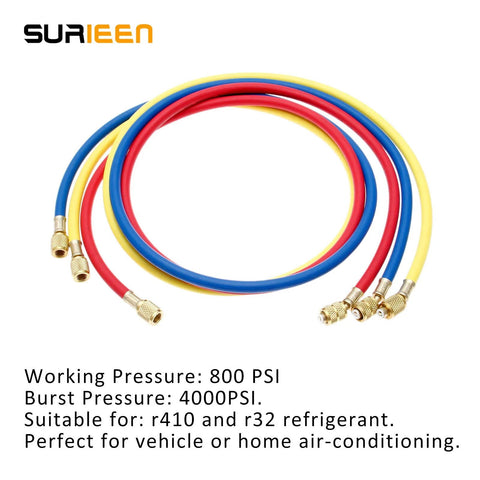 SURIEEN R410A refrigerant charging hoses, 60-inch set of 3, 1/4–5/16 SAE connectors, blue red yellow with brass fittings