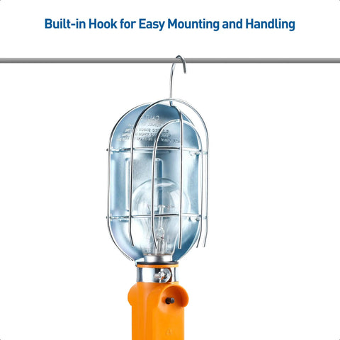 ETL Listed LED Drop Light With 25 Foot Extension Cord, Built-In Outlet, Magnetic Base And Handle In Bright Orange hanging by hook