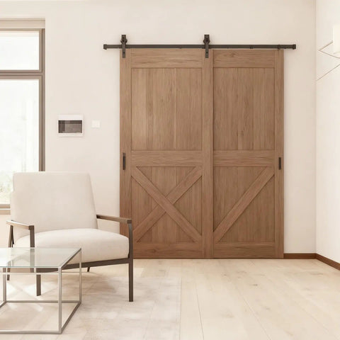 Upgrade Your Digs With This 6.6 Ft Black Sliding Barn Door Hardware Kit serving a modern wood sliding door in a stylish room.