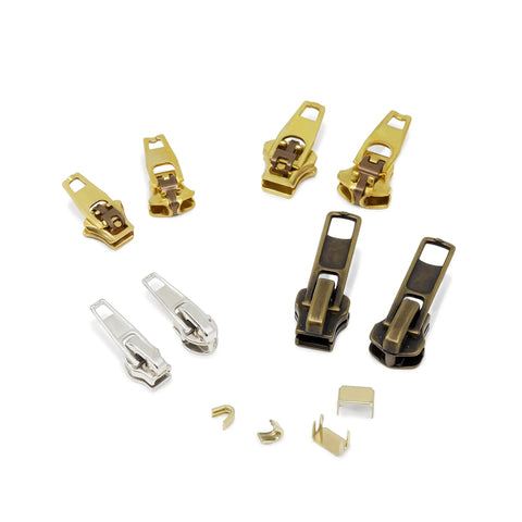 Zipper Repair Kit With 22 Assorted Sliders And Stops For Jeans Jackets And Coats Replace Broken Zippers Easy With Top And Bottom Stops Includes Varied Sliders For Fast DIY Repairs, showing assorted metal sliders and stops