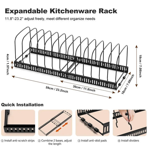Expandable Cutting Board And Bakeware Organizer Rack with 14 adjustable dividers, iron material, shown fully extended.