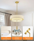 18 Inch Modern Drum Chandelier 4 Light Two Tier Linen Pendant With Brushed Gold Canopy viewed from below highlighting the light and shade.