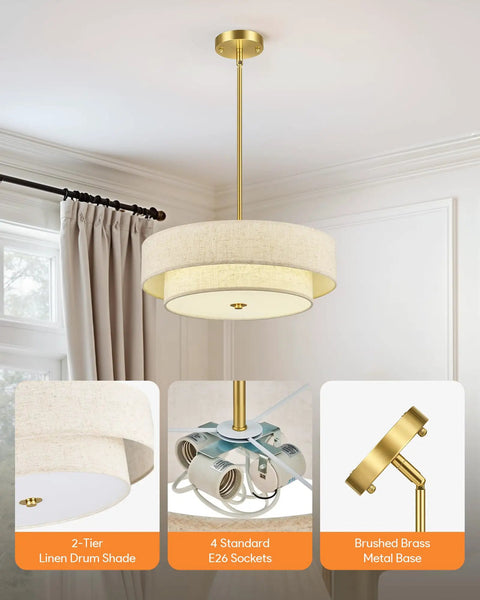 18 Inch Modern Drum Chandelier 4 Light Two Tier Linen Pendant With Brushed Gold Canopy viewed from below highlighting the light and shade.