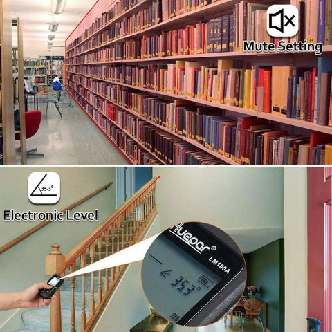 Laser Distance Measure 330 Ft With Li Ion Battery And Electric Angle Sensor Backlit LCD showing usage in library and stairway