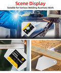 Scene display of a six-piece welding magnets set with 25lb triangle and hexagon angles plus two mini magnets for auto car welding clamps holder heavy duty magnetic positioning tools 45 90 135 30 60 75 180 degrees.
