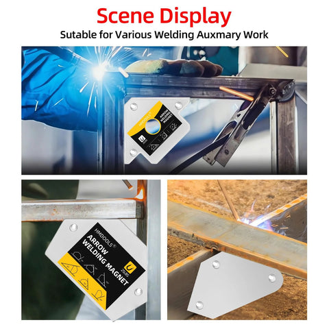 Scene display of a six-piece welding magnets set with 25lb triangle and hexagon angles plus two mini magnets for auto car welding clamps holder heavy duty magnetic positioning tools 45 90 135 30 60 75 180 degrees.