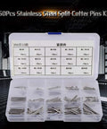 Heavy Duty Split Cotter Pin Kit 150 Pcs Set Featuring 15 Sizes M1-M3, 304 stainless steel pins displayed in case.
