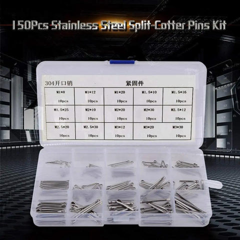 Heavy Duty Split Cotter Pin Kit 150 Pcs Set Featuring 15 Sizes M1-M3, 304 stainless steel pins displayed in case.