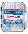 Front view of First Aid Only 335-piece OSHA‑compliant first aid kit in a clear blue case.