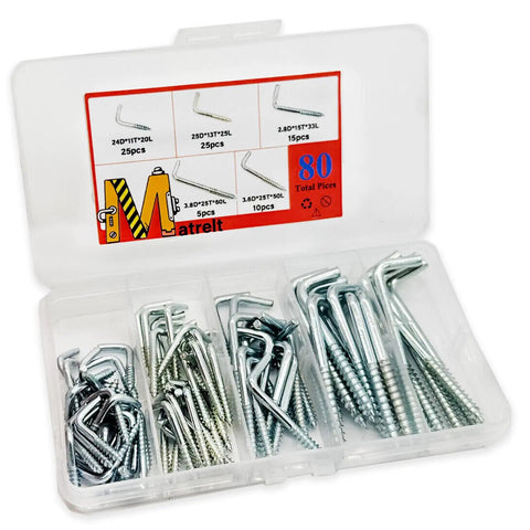 80 Piece All In One Hanging Kit With Five Sizes Spiral In Square Bend Hooks And L Brackets Zinc Plated Carbon Steel With Self Tapping Screws For Lights Planters And Mugs Perfect For Home Or Shop Use
