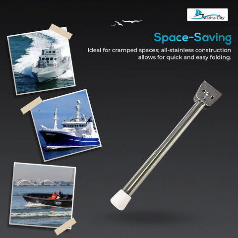 Marine City 13-inch stainless steel seat support leg with white rubber tip and top bracket.