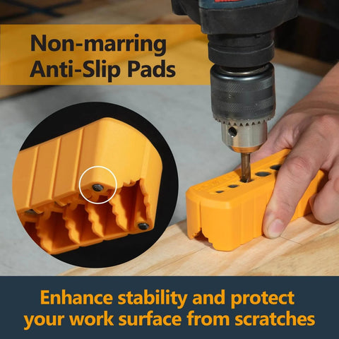 Pro Grade Drill Guide And Jig Block with six drill ports for straight perpendicular holes, anti-slip pads, shown in use on wood