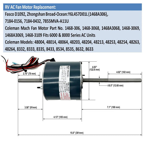Product specifications for RV Air Conditioner Fan Motor 1/3HP 115V Dual Speed with Capacitor Included, detailing dimensions.