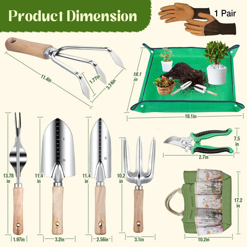 Heavy Duty 9 Piece Garden Tool Set With Floral Organizer Tote Rust Proof Hand Tools Thickened Repotting Mat dimensions and accessories