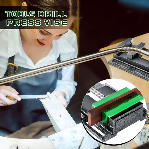 Heavy Duty 4 Inch Drill Press Vise Set Featuring Two Swappable Magnetic Gripping Pads And Rock Solid Machinist Bench Clamp in use with tools.